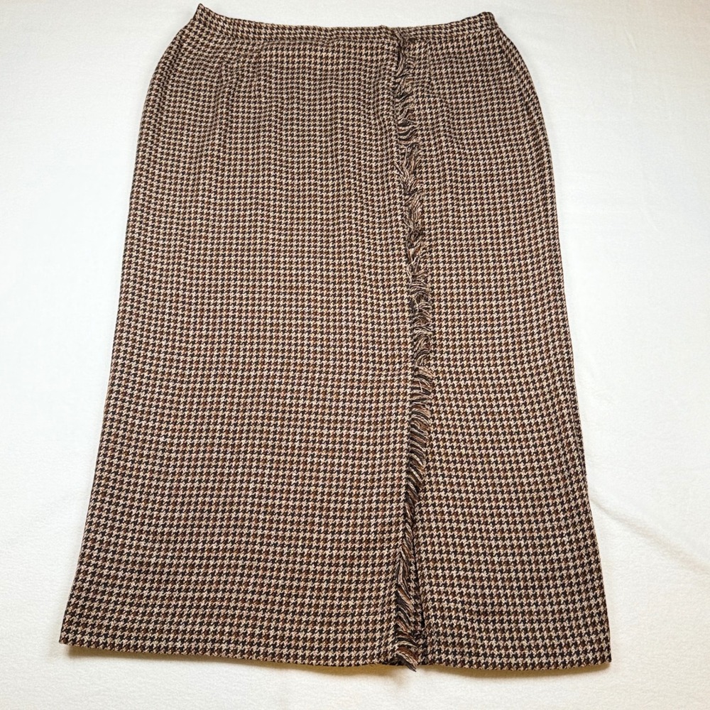 Brown Houndstooth Fringe Trim Midi Skirt Size 16 Faux Wrap Style
